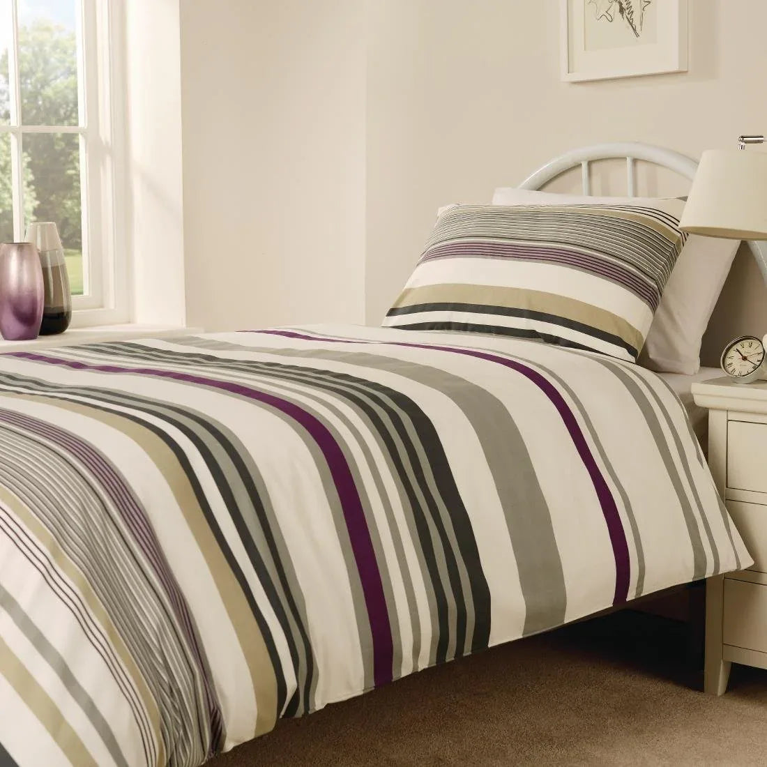 HB713 Mitre Essentials Madison Stripe Duvet Cover Open Magenta Double - JD Catering Equipment Solutions Ltd
