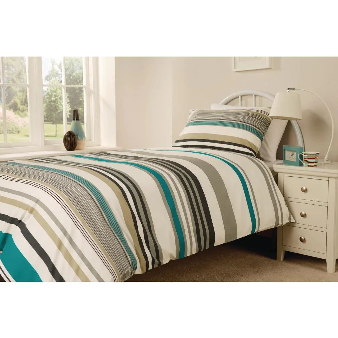 HB715 Mitre Essentials Madison Stripe Duvet Cover Open Teal Single - JD Catering Equipment Solutions Ltd
