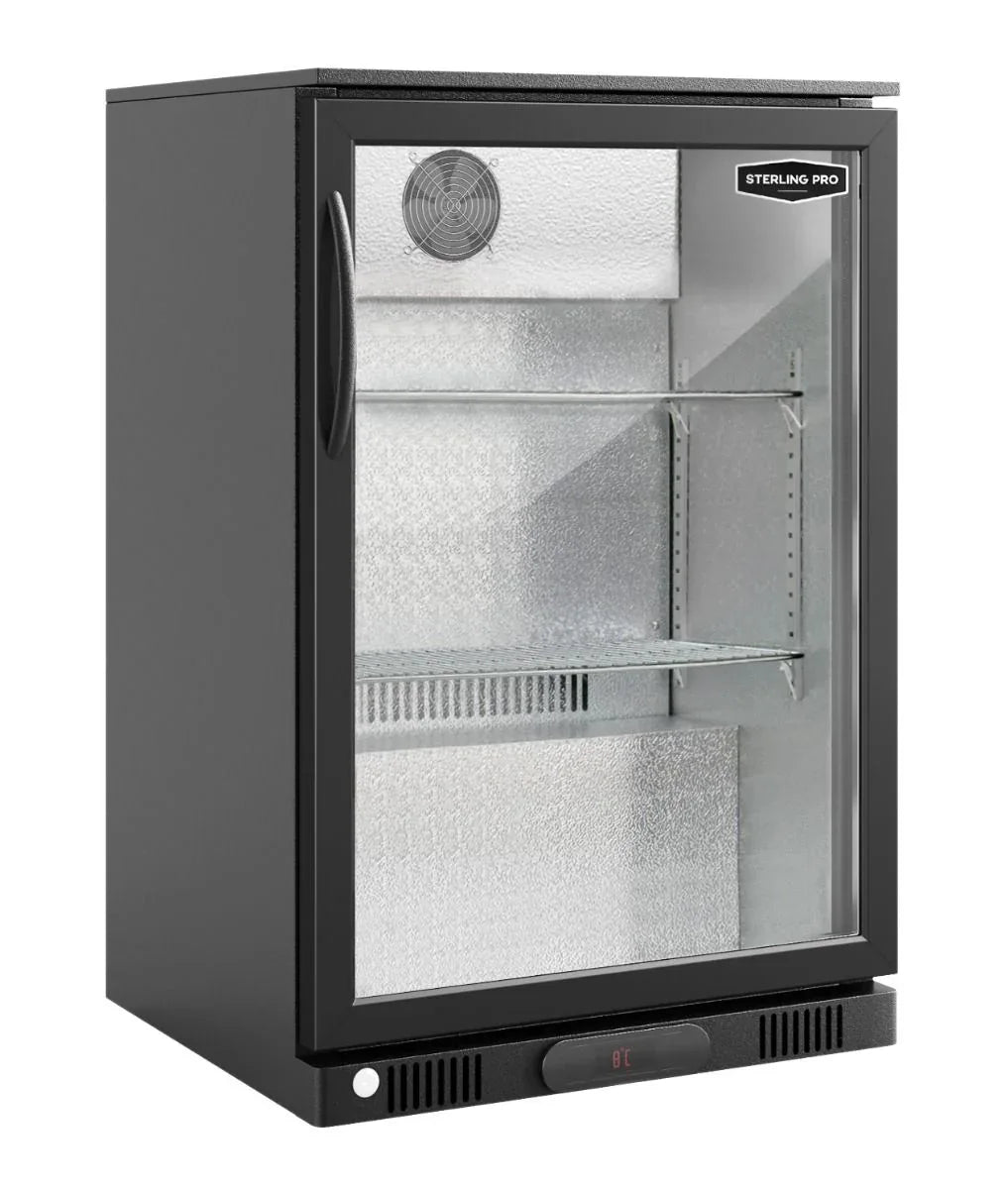 Sterling Pro Green SP1HC-LOW-BK Hinged Single Door Low Height Bottle Cooler, 106 x 330ml Bottles