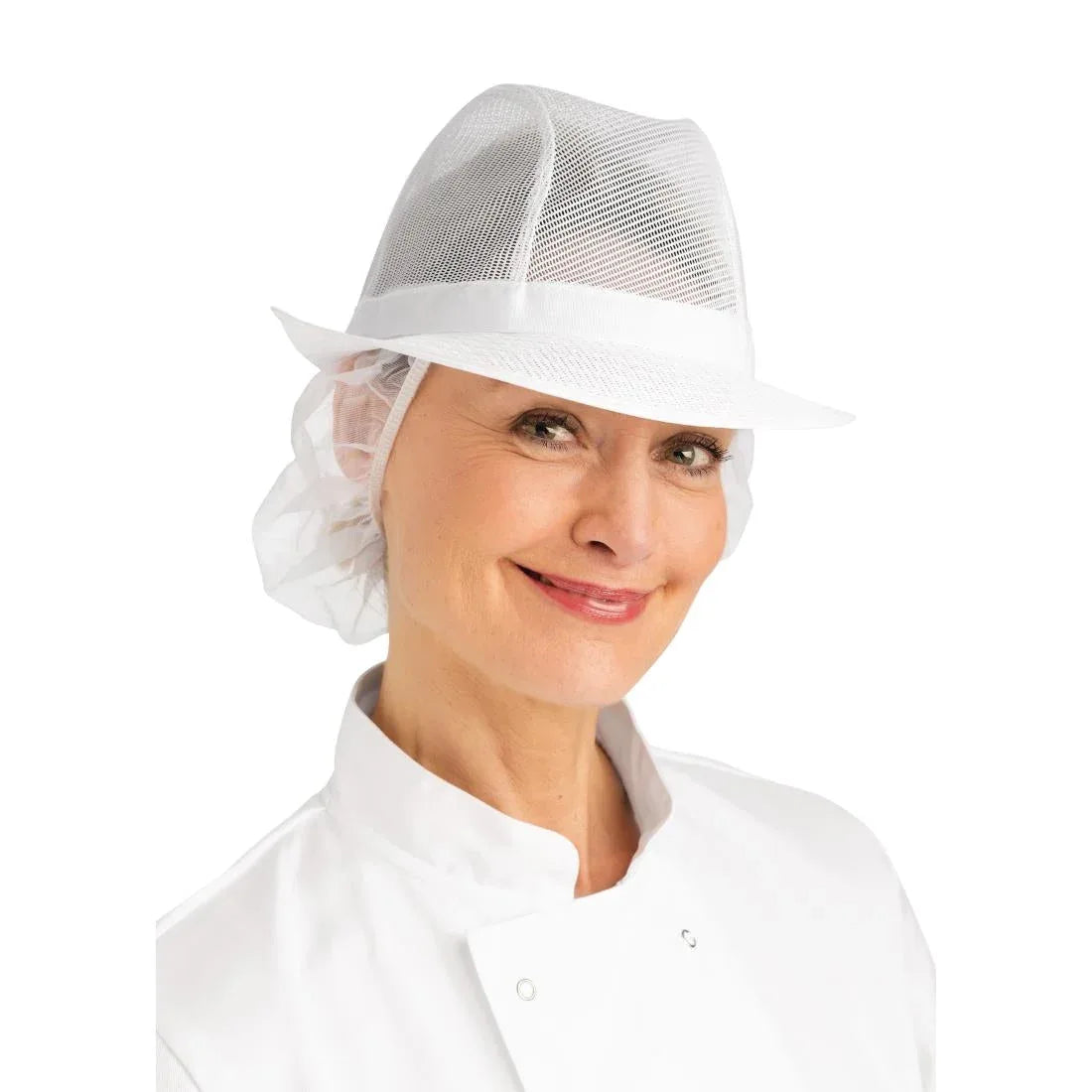 A653-M Trilby Hat with Net Snood White M - JD Catering Equipment Solutions Ltd
