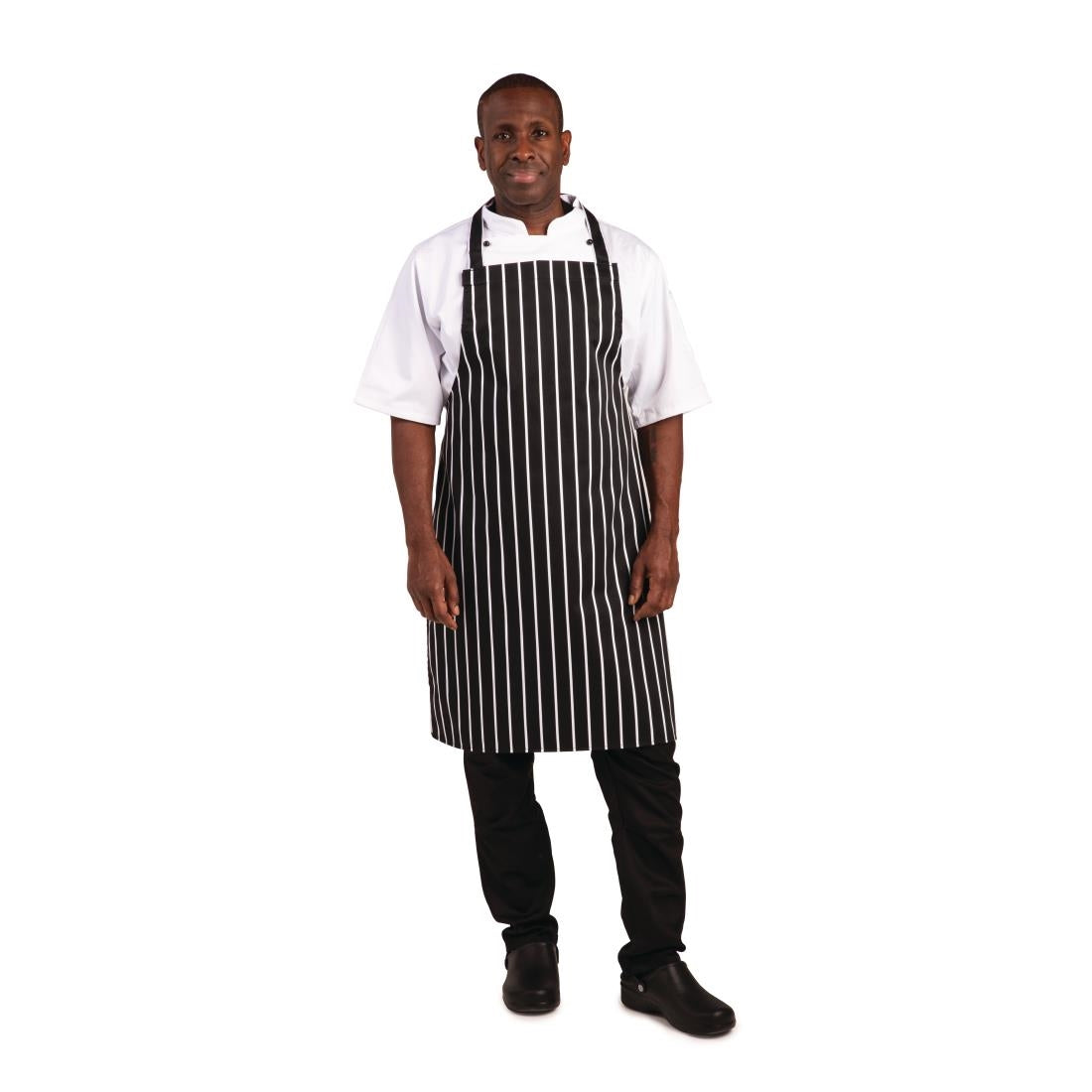 A935 Whites Bib Apron Butchers Stripe Black JD Catering Equipment Solutions Ltd