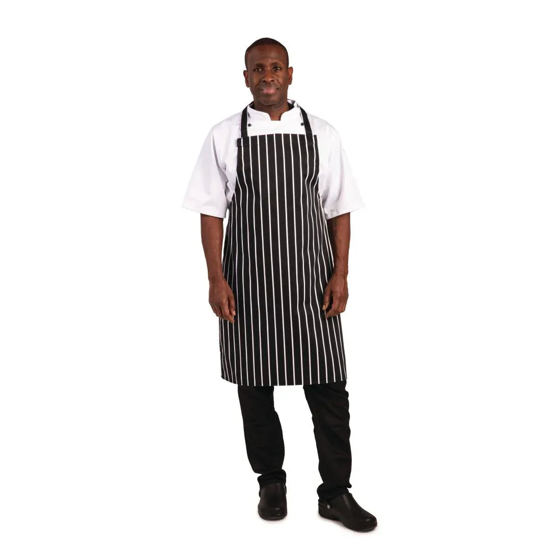 A935 Whites Bib Apron Butchers Stripe Black - JD Catering Equipment Solutions Ltd
