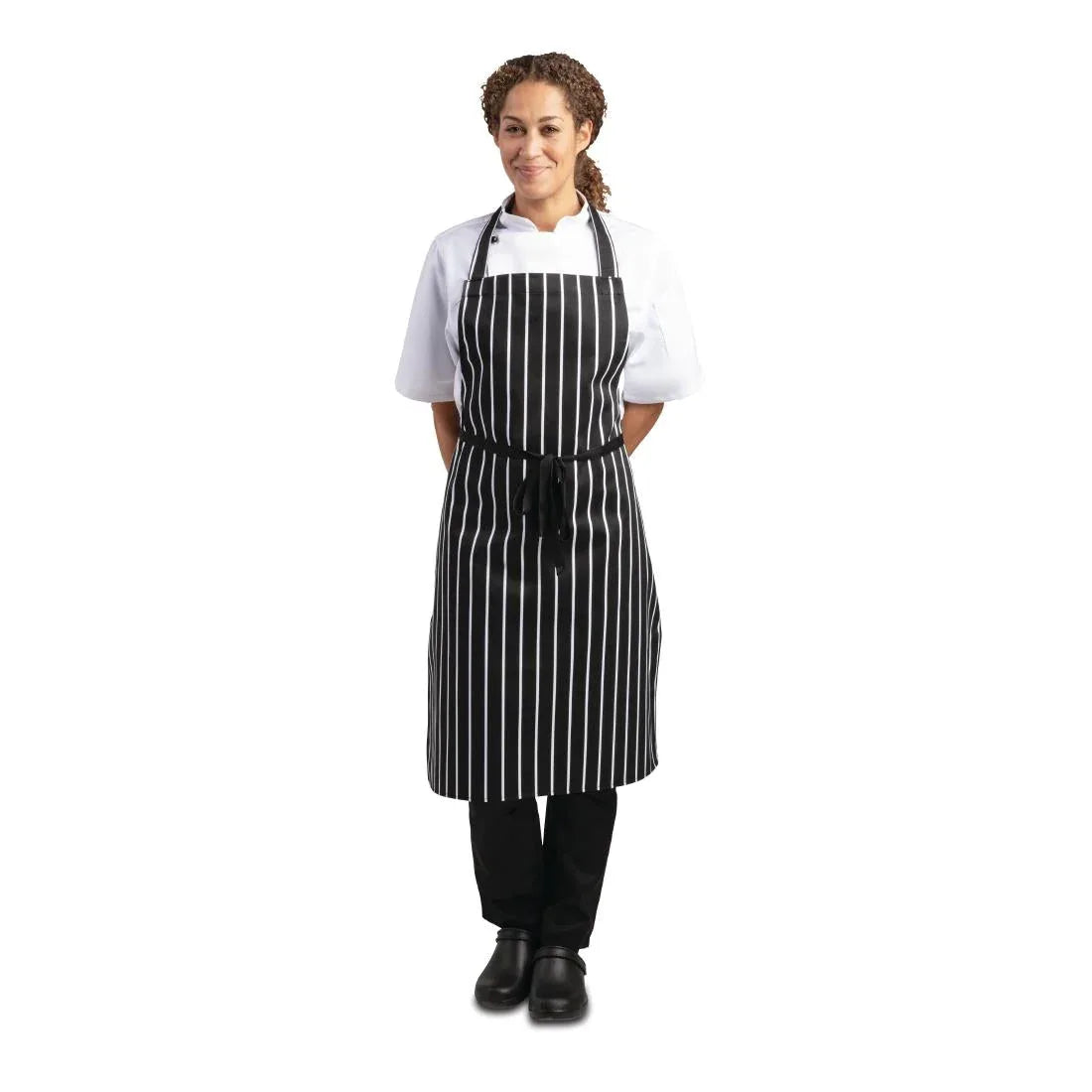 A935 Whites Bib Apron Butchers Stripe Black - JD Catering Equipment Solutions Ltd