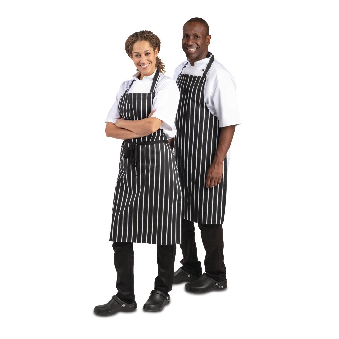 A935 Whites Bib Apron Butchers Stripe Black JD Catering Equipment Solutions Ltd