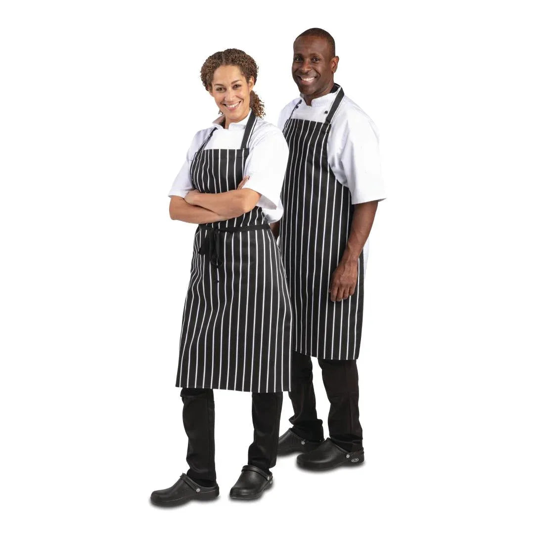 A935 Whites Bib Apron Butchers Stripe Black - JD Catering Equipment Solutions Ltd