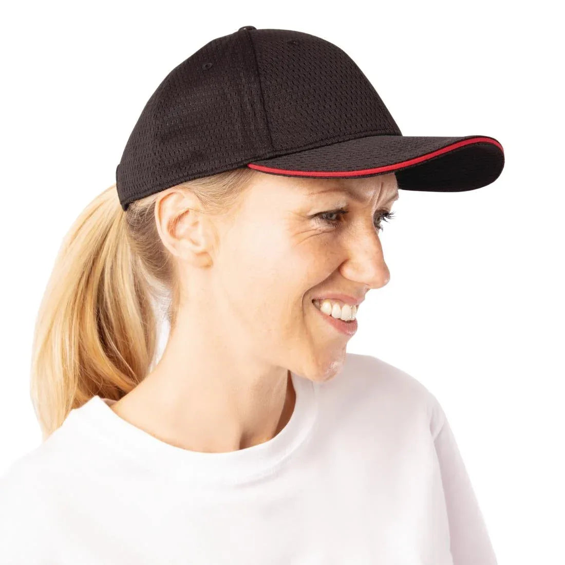 A945 Chef Works Cool Vent Baseball Cap Black with Red - JD Catering Equipment Solutions Ltd