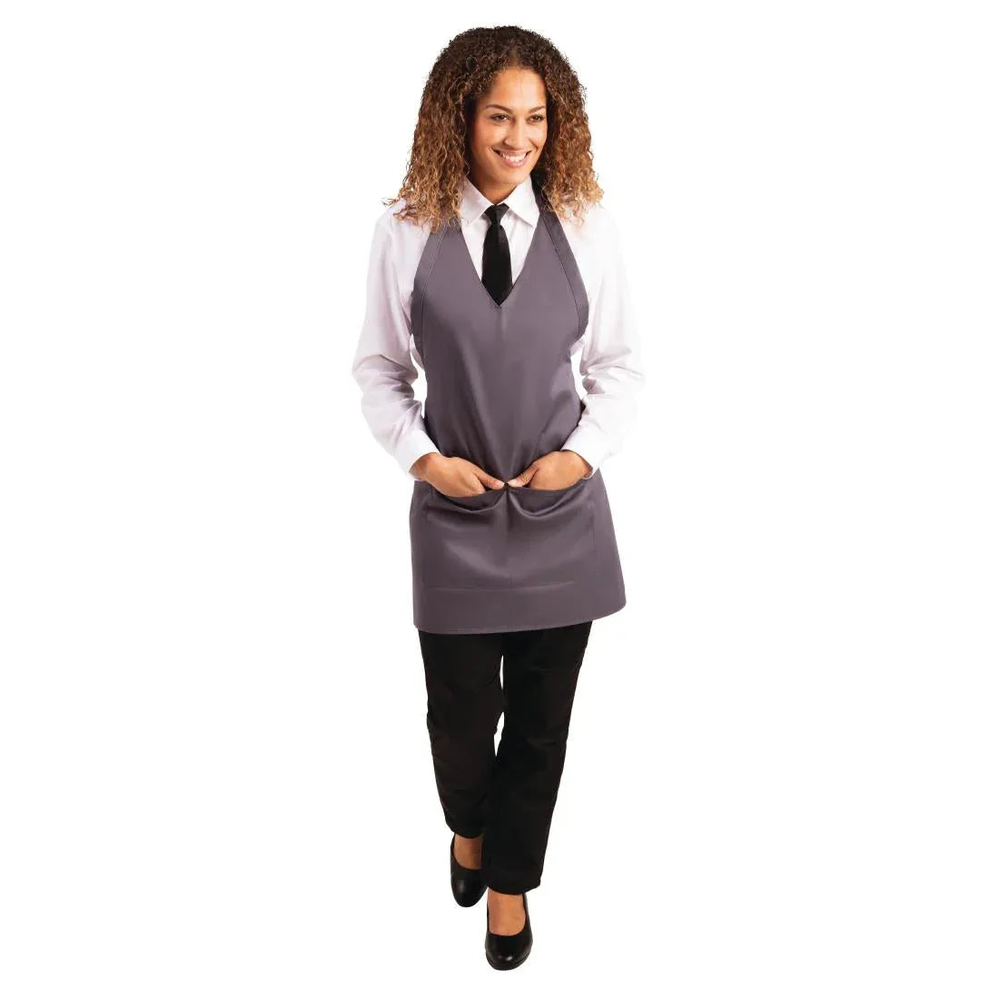 B422 Whites V Neck Service Apron Charcoal - JD Catering Equipment Solutions Ltd