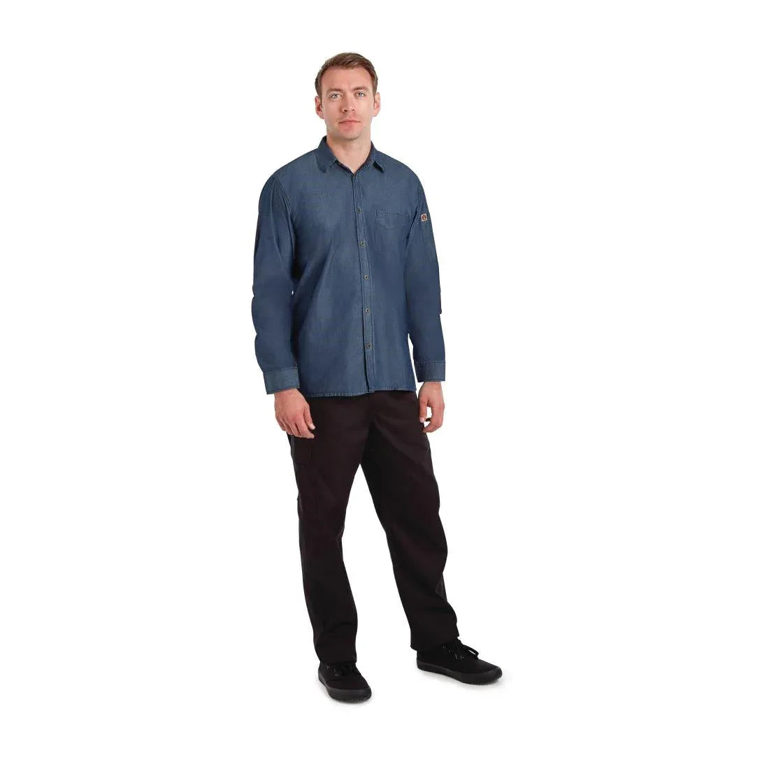 B776-L Chef Works Urban Detroit Long Sleeve Denim Shirt Blue L - JD Catering Equipment Solutions Ltd