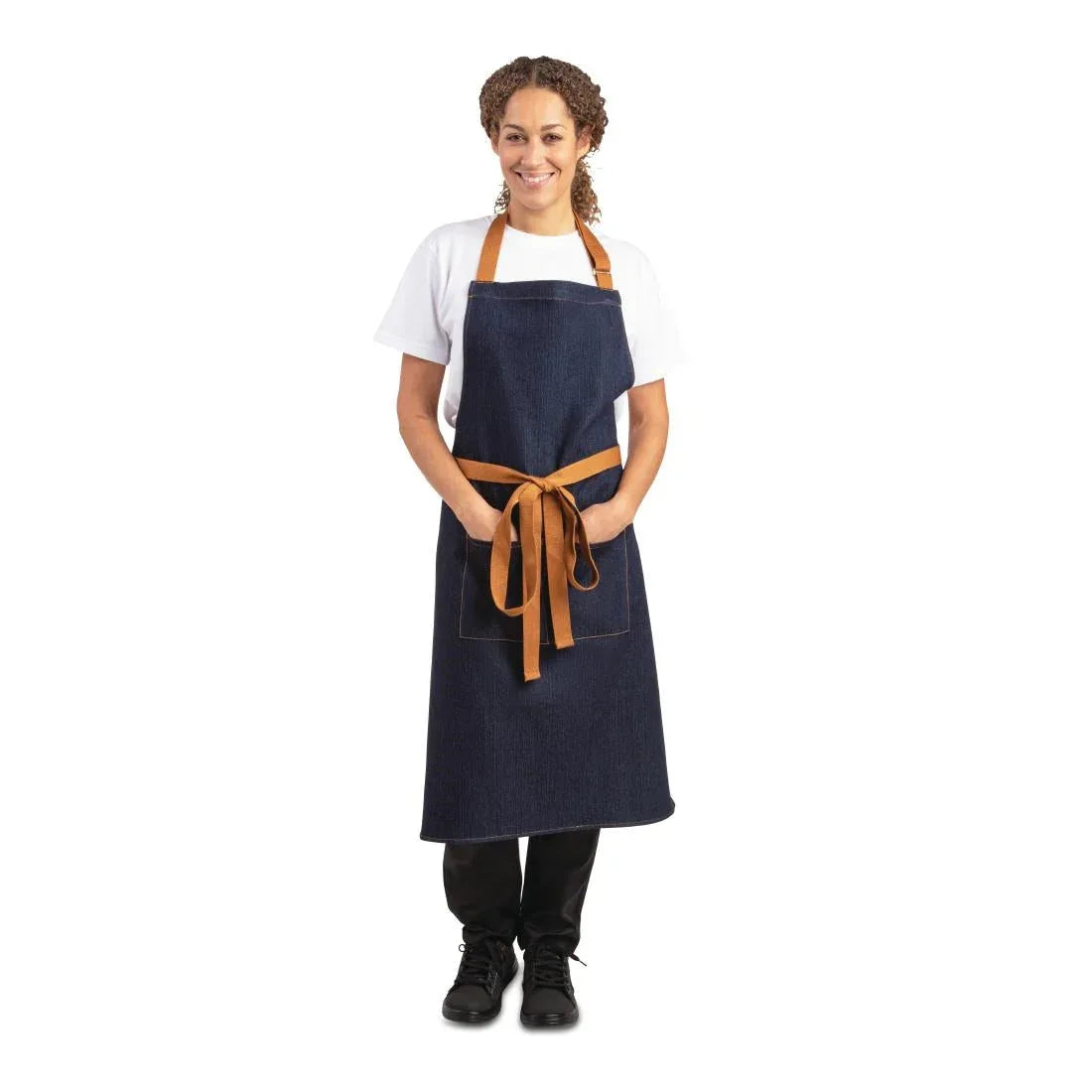 B980 Southside Bistro Apron Denim Blue Tan Ties - JD Catering Equipment Solutions Ltd