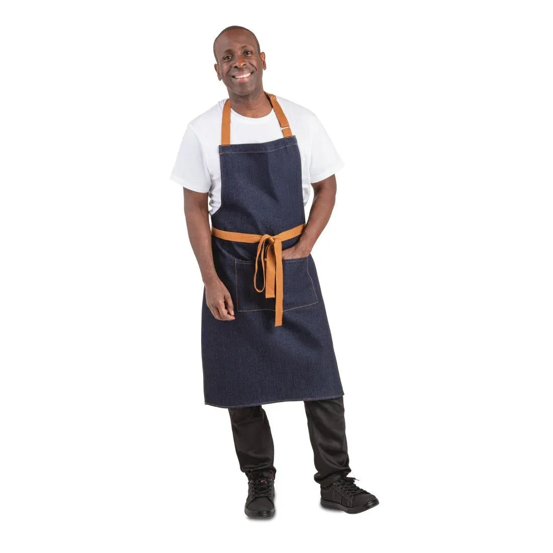 B980 Southside Bistro Apron Denim Blue Tan Ties - JD Catering Equipment Solutions Ltd