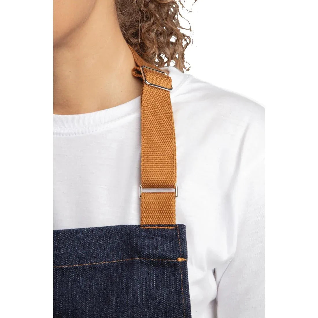 B980 Southside Bistro Apron Denim Blue Tan Ties - JD Catering Equipment Solutions Ltd