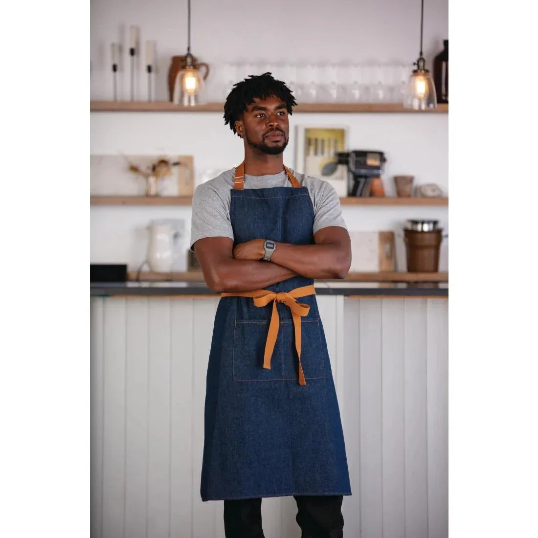 B980 Southside Bistro Apron Denim Blue Tan Ties - JD Catering Equipment Solutions Ltd