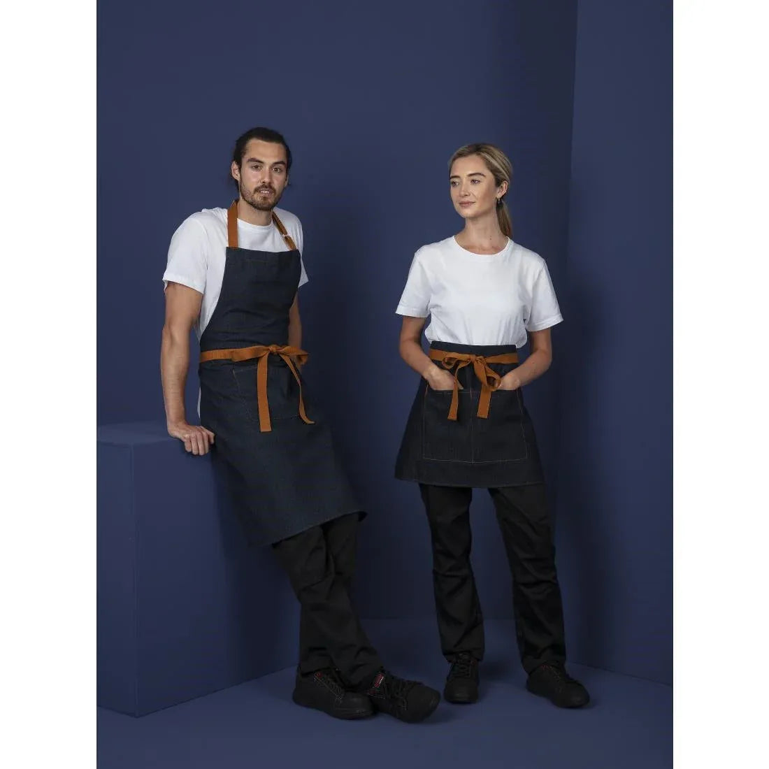 B980 Southside Bistro Apron Denim Blue Tan Ties - JD Catering Equipment Solutions Ltd
