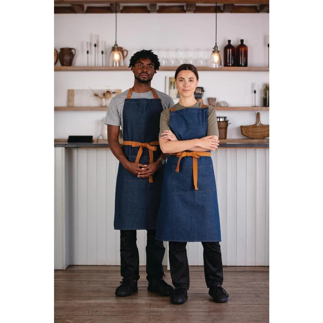 B980 Southside Bistro Apron Denim Blue Tan Ties - JD Catering Equipment Solutions Ltd