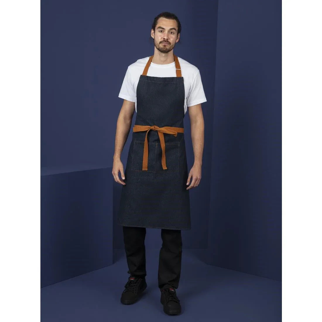 B980 Southside Bistro Apron Denim Blue Tan Ties - JD Catering Equipment Solutions Ltd