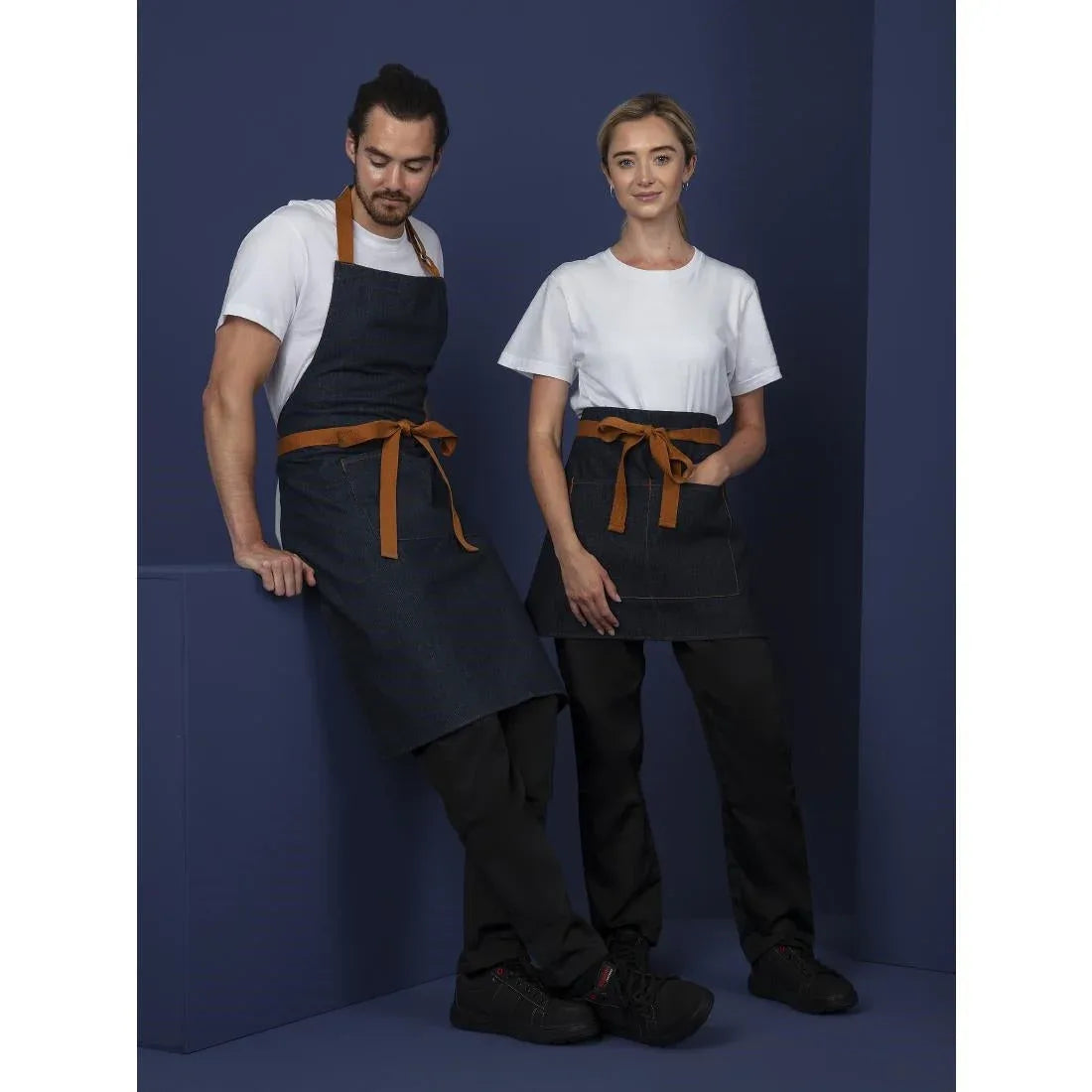 B980 Southside Bistro Apron Denim Blue Tan Ties - JD Catering Equipment Solutions Ltd