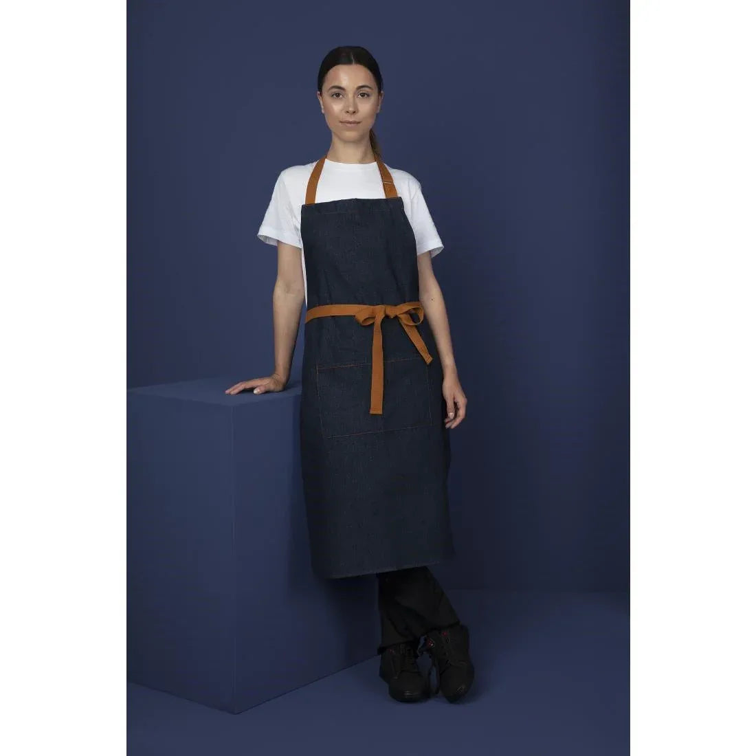 B980 Southside Bistro Apron Denim Blue Tan Ties - JD Catering Equipment Solutions Ltd