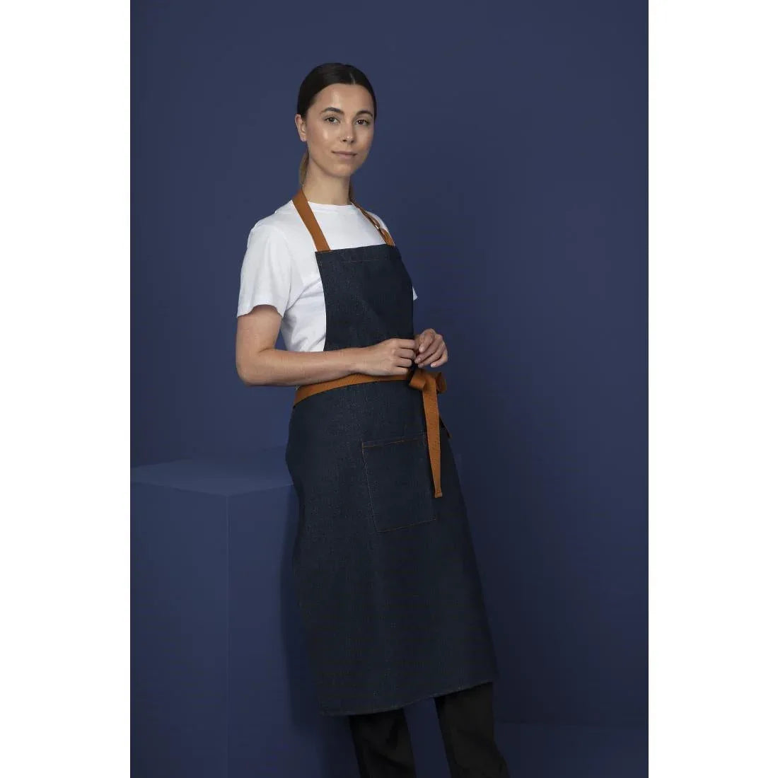 B980 Southside Bistro Apron Denim Blue Tan Ties - JD Catering Equipment Solutions Ltd