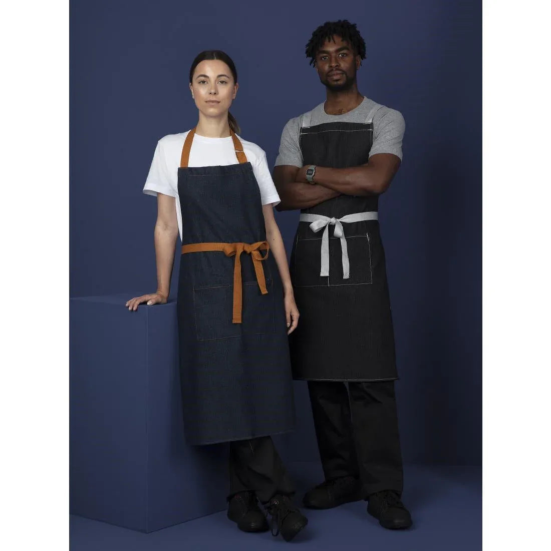 B980 Southside Bistro Apron Denim Blue Tan Ties - JD Catering Equipment Solutions Ltd