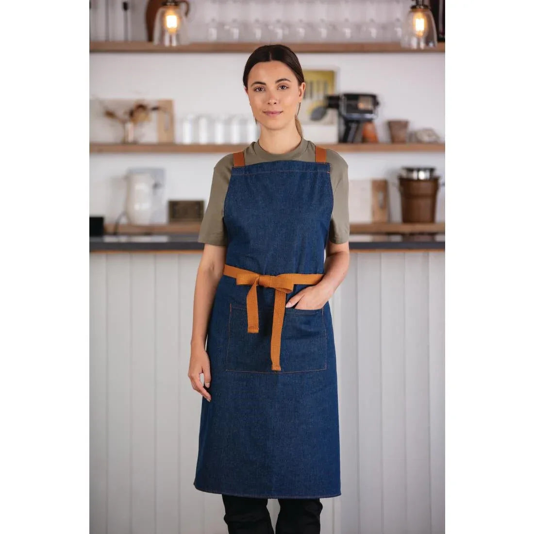 B984 Southside X-Cross Back Apron Denim Blue Tan Ties - JD Catering Equipment Solutions Ltd
