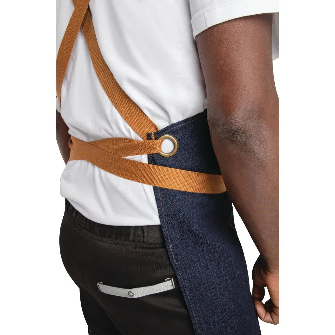 B984 Southside X-Cross Back Apron Denim Blue Tan Ties - JD Catering Equipment Solutions Ltd