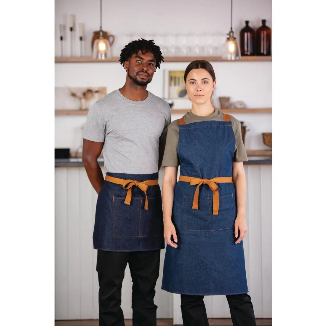 B984 Southside X-Cross Back Apron Denim Blue Tan Ties - JD Catering Equipment Solutions Ltd