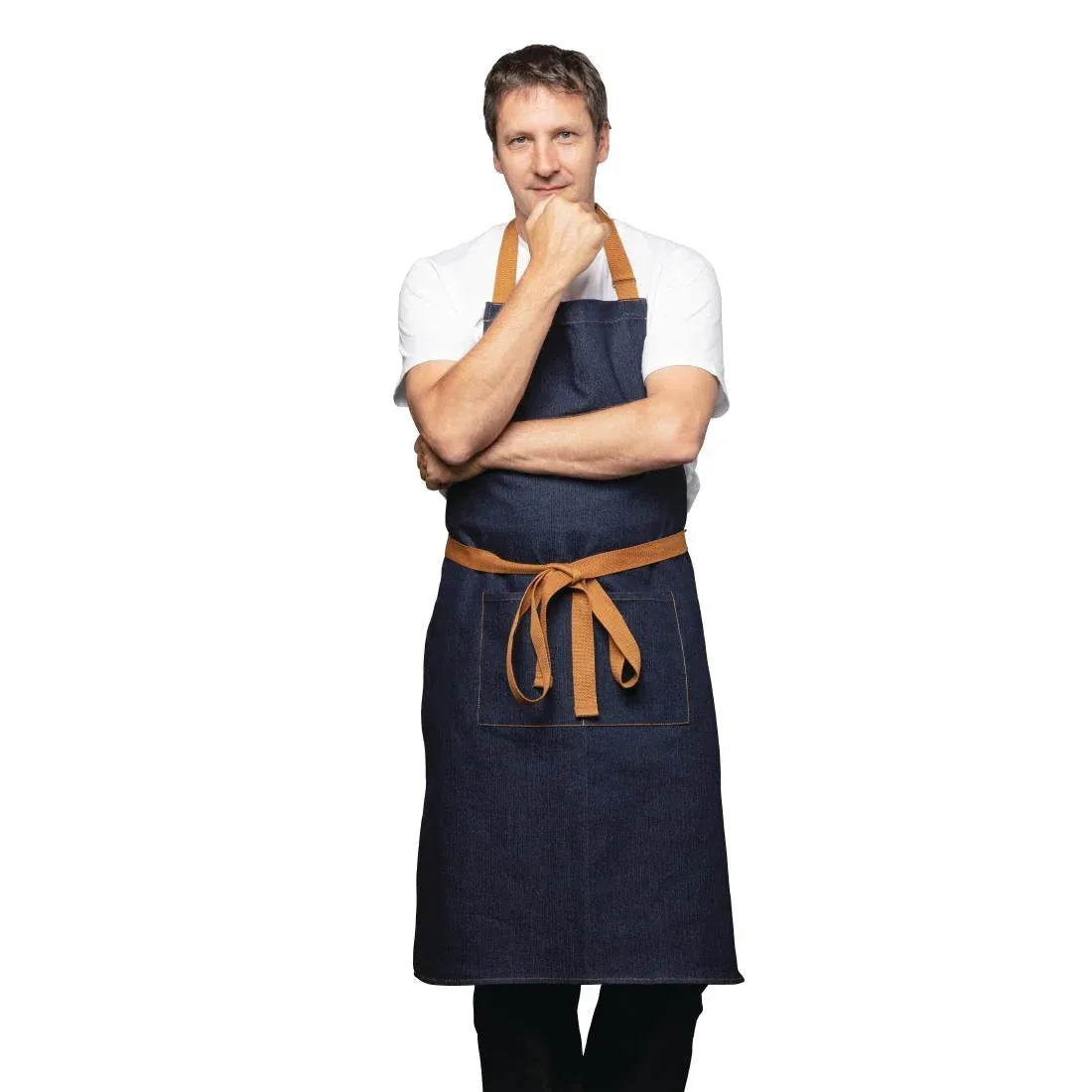 B984 Southside X-Cross Back Apron Denim Blue Tan Ties - JD Catering Equipment Solutions Ltd