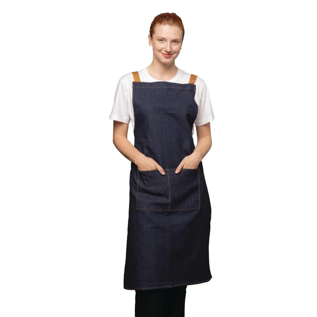 B984 Southside X-Cross Back Apron Denim Blue Tan Ties - JD Catering Equipment Solutions Ltd