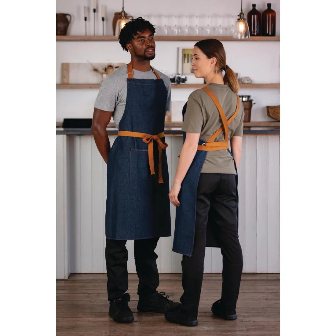B984 Southside X-Cross Back Apron Denim Blue Tan Ties - JD Catering Equipment Solutions Ltd
