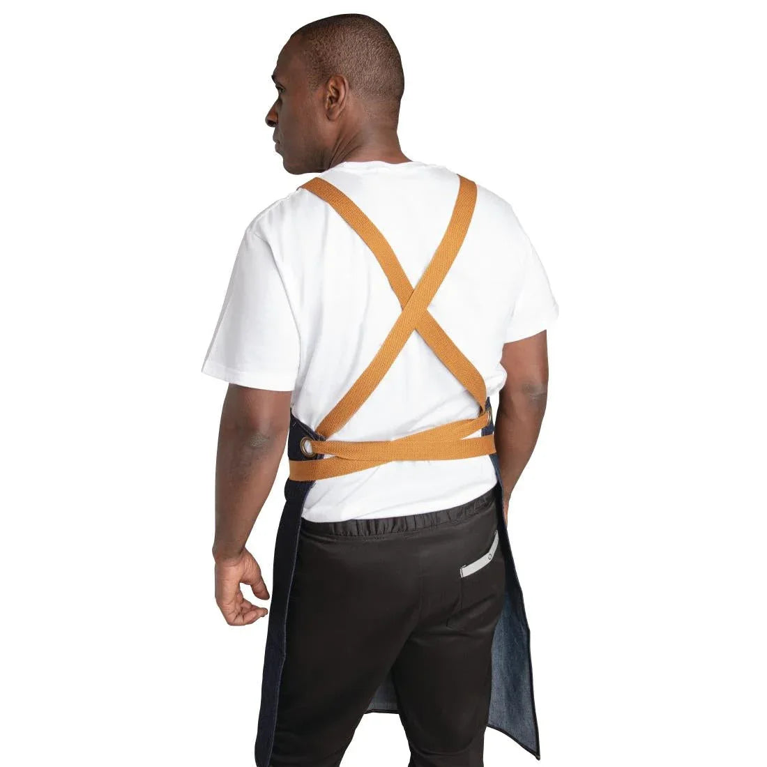 B984 Southside X-Cross Back Apron Denim Blue Tan Ties - JD Catering Equipment Solutions Ltd