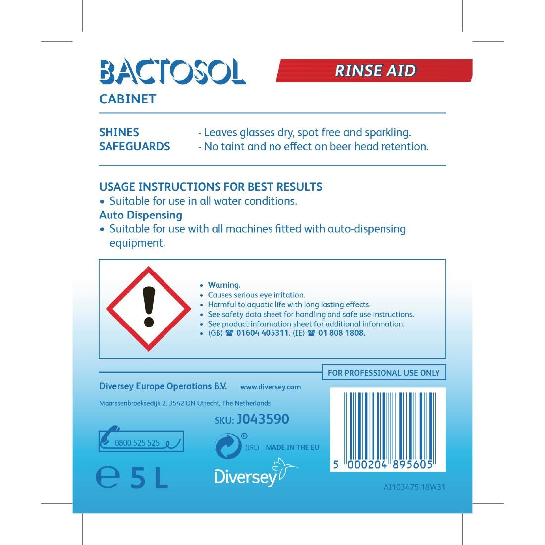 Bactosol Cabinet Glasswasher Rinse Aid Concentrate 5Ltr (2 Pack) JD Catering Equipment Solutions Ltd