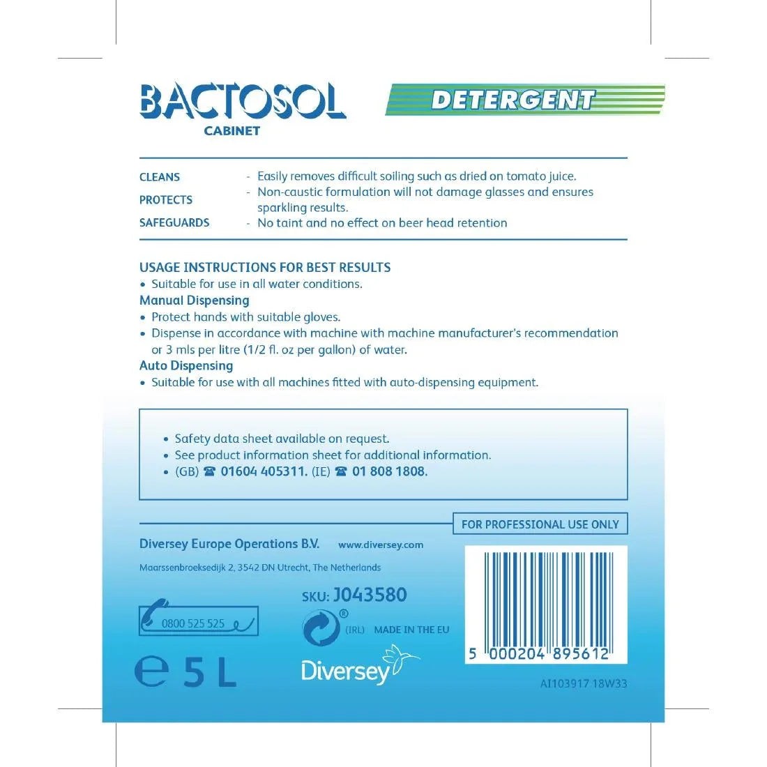 CD519 Bactosol Glasswasher Detergent Concentrate 5Ltr (2 Pack) - JD Catering Equipment Solutions Ltd