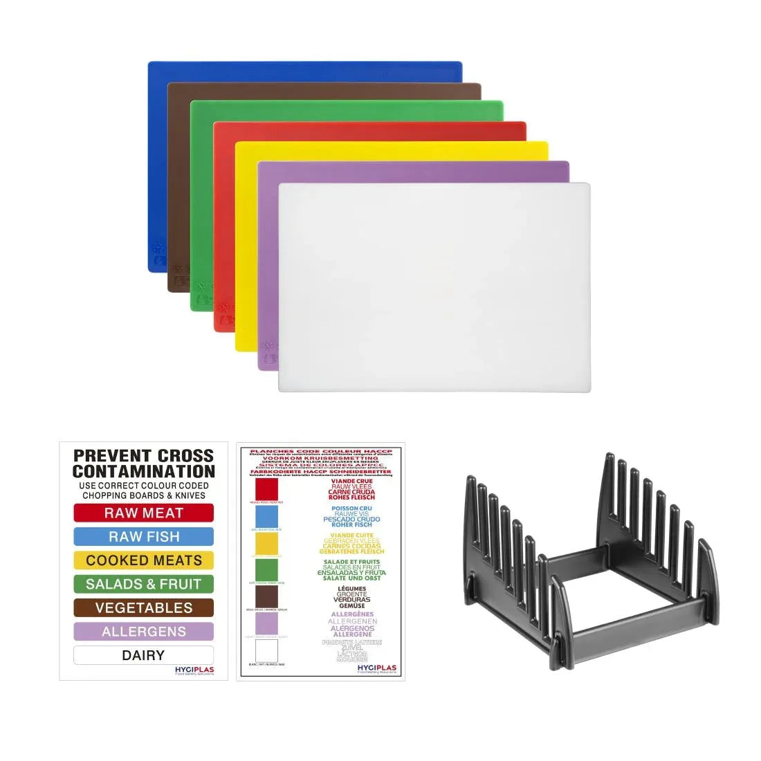 CH041 Hygiplas Low Density Chopping Board Set with Rack 450x300x10mm (7 Pack) - JD Catering Equipment Solutions Ltd