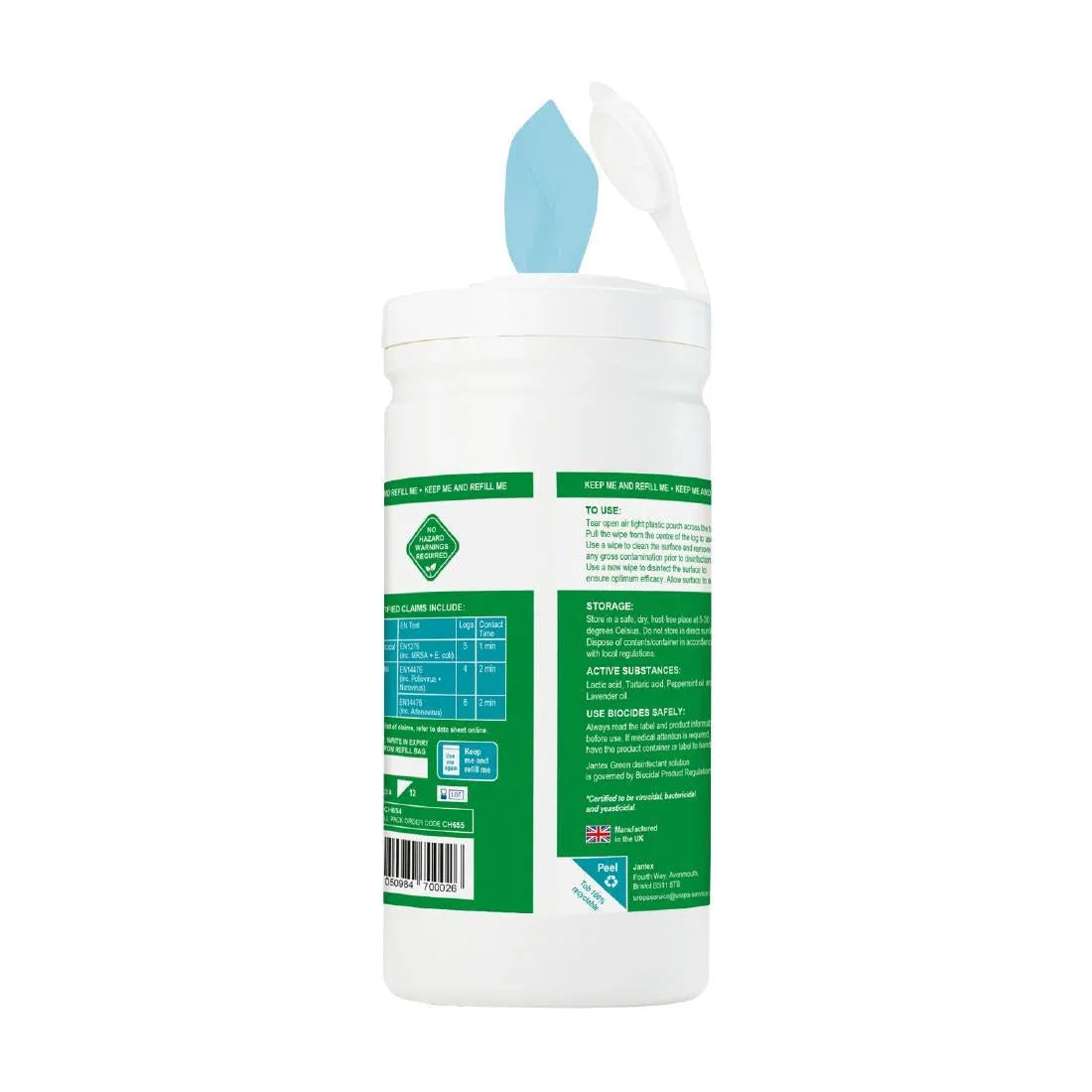 CH654 Jantex Green Probe Sanitiser Wipes Starter Tub 130mm (Pack of 100) - JD Catering Equipment Solutions Ltd