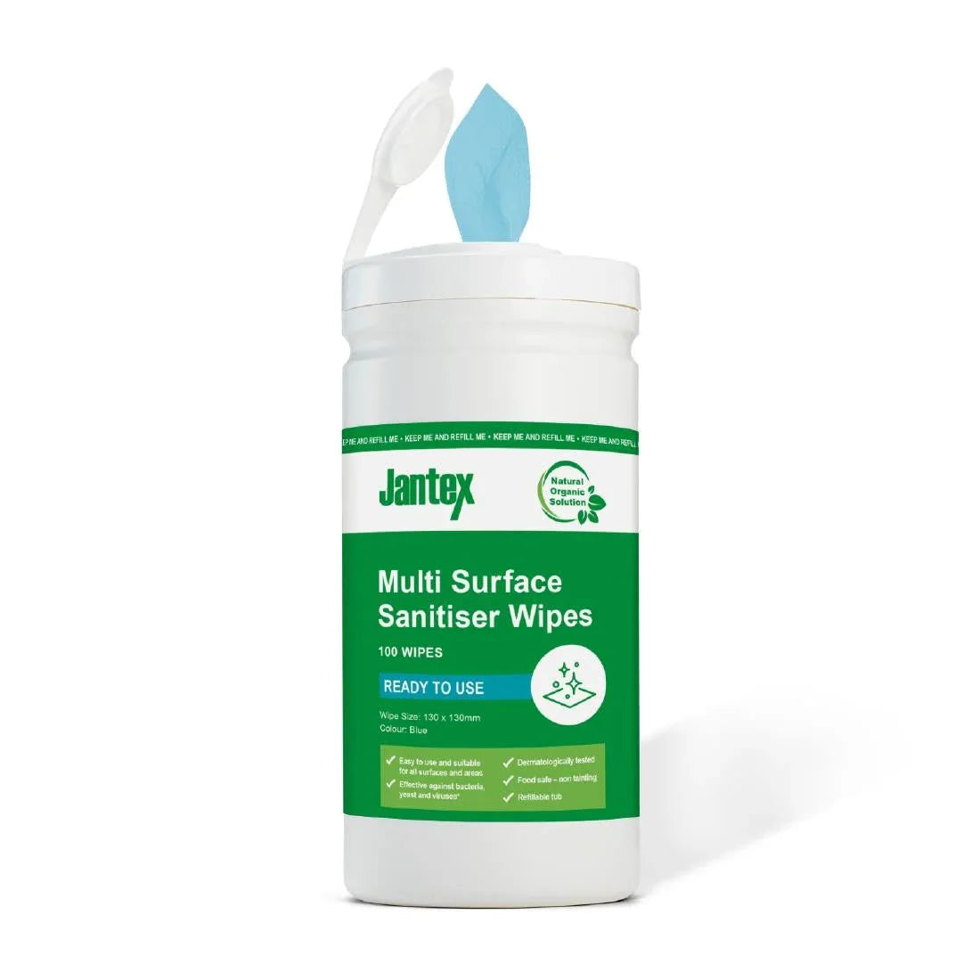 CH654 Jantex Green Probe Sanitiser Wipes Starter Tub 130mm (Pack of 100) - JD Catering Equipment Solutions Ltd