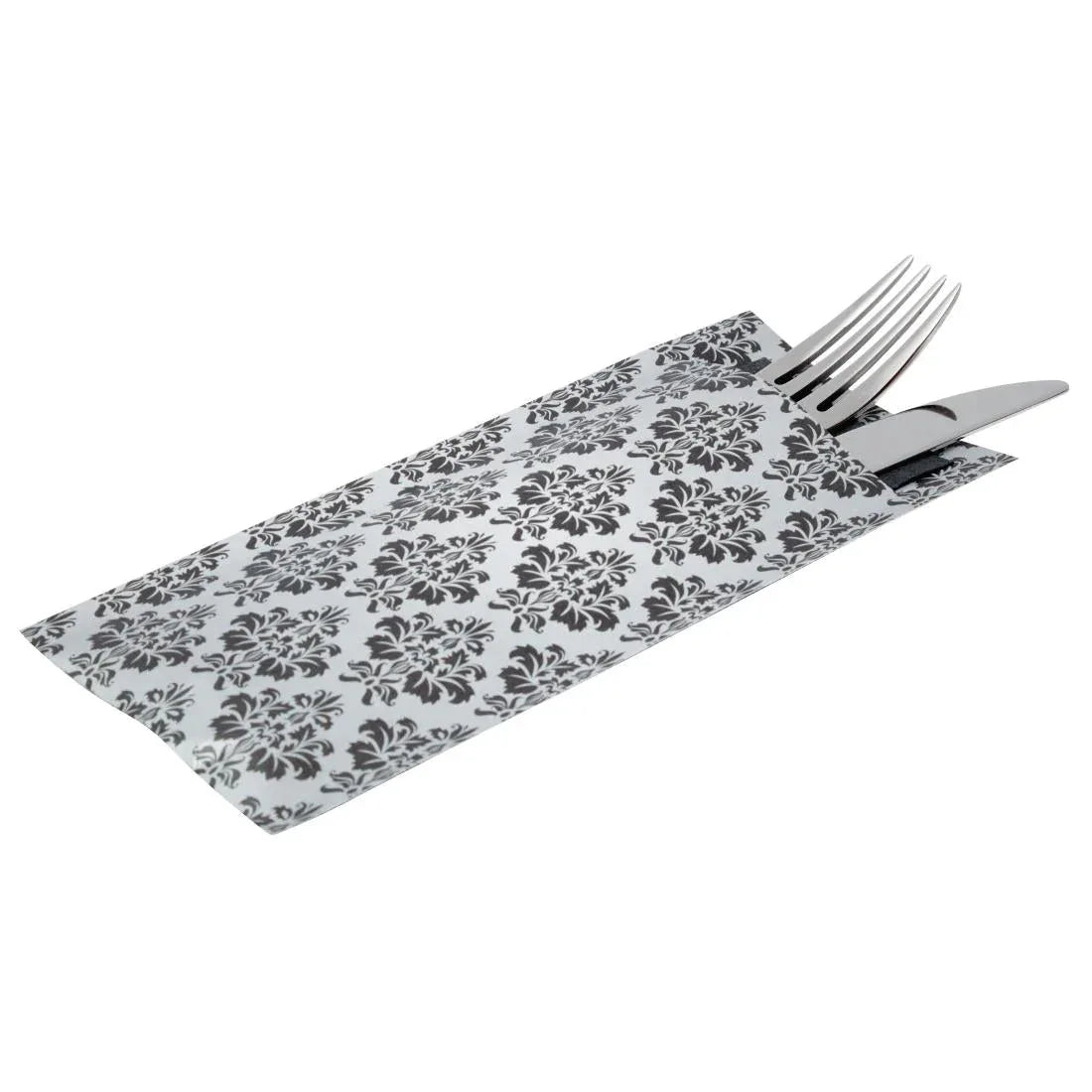 CK238 Europochette White with Vintage Design Cutlery Pouch with Black Napkin (Pack of 100) - JD Catering Equipment Solutions Ltd