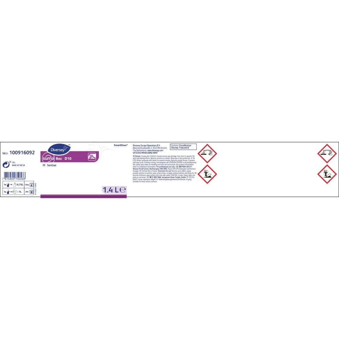 CX807 Suma SmartDose Bac D10 Cleaner and Sanitiser Super Concentrate 1.4Ltr - JD Catering Equipment Solutions Ltd
