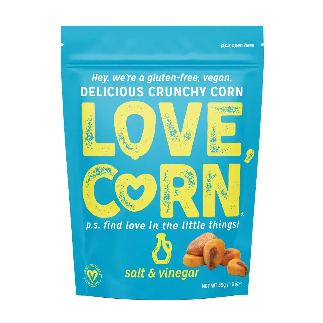 CZ754 LOVE CORN Crunchy Corn Snack Salt & Vinegar (10x45g) - JD Catering Equipment Solutions Ltd