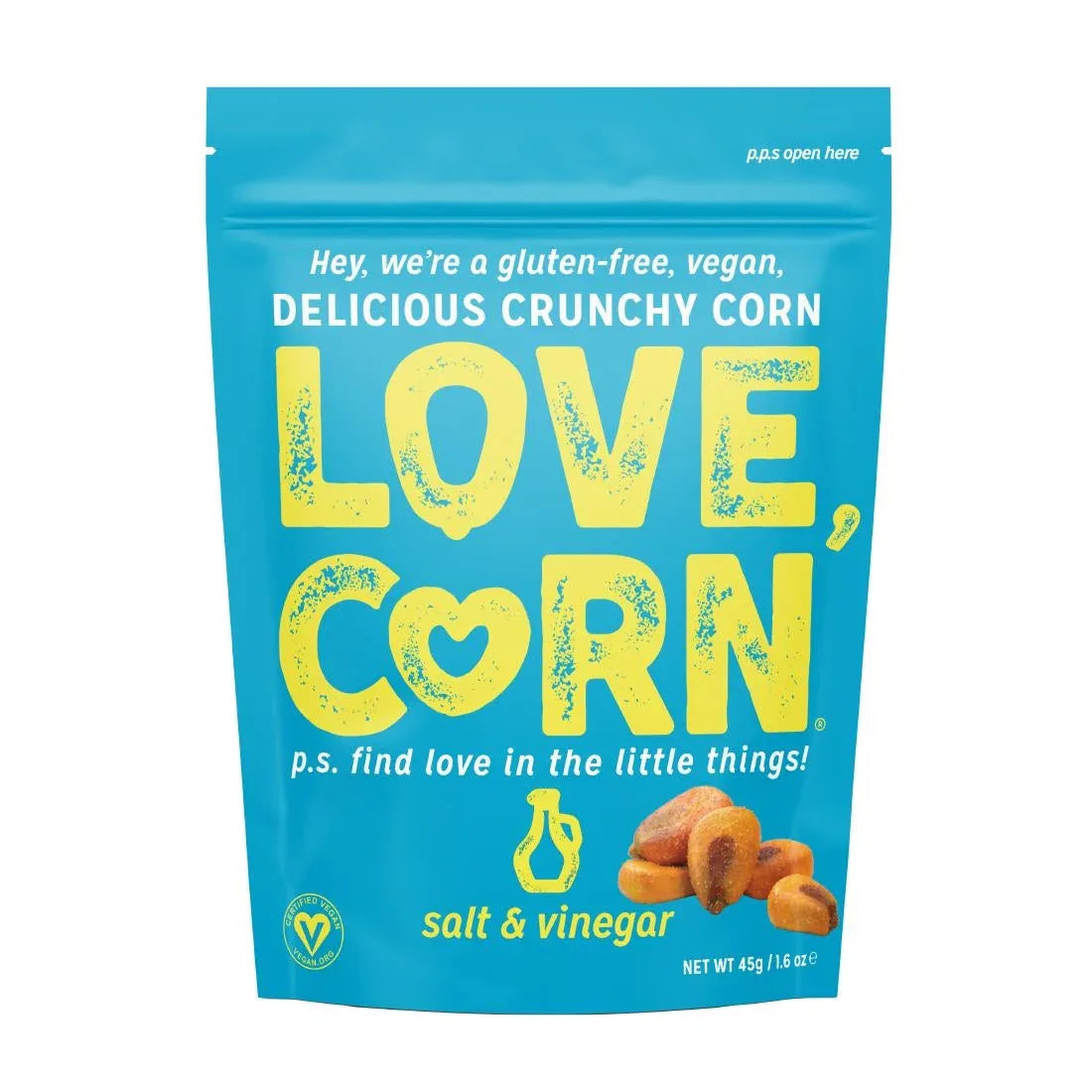 CZ754 LOVE CORN Crunchy Corn Snack Salt & Vinegar (10x45g) - JD Catering Equipment Solutions Ltd