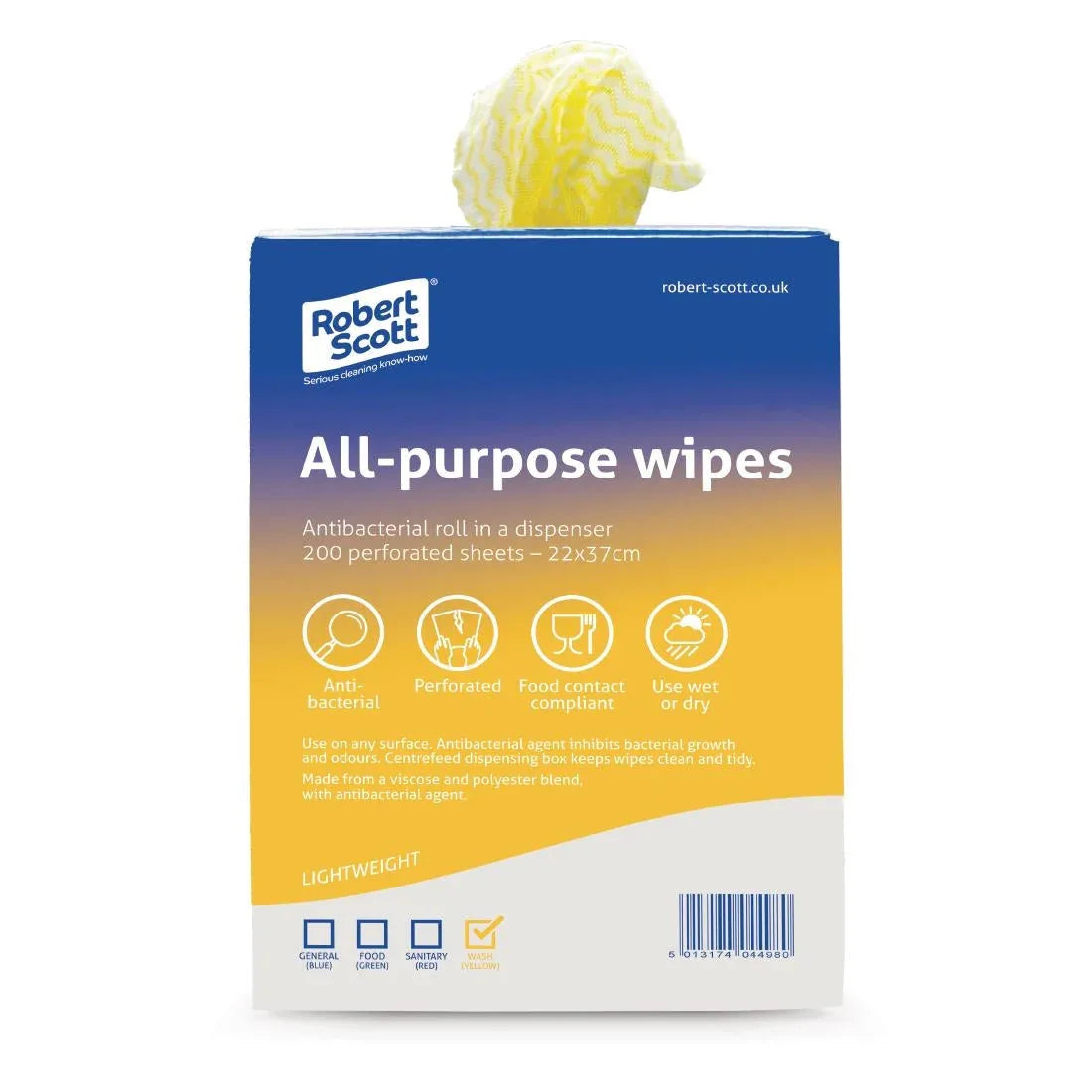 DN845 Robert Scott All-Purpose Antibacterial Cleaning Cloths Yellow (200 Pack) - JD Catering Equipment Solutions Ltd