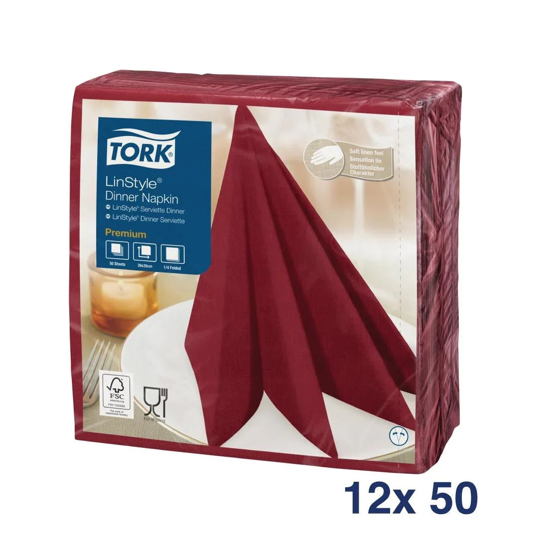 DP183 Tork Premium Linstyle Dinner Napkin Burgundy 40x40cm 1/4 Fold (Pack of 600) - JD Catering Equipment Solutions Ltd