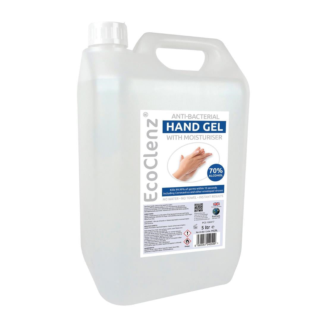 DT689 EcoTech EcoClenz Antibacterial 70% Alcohol Hand Sanitiser 5Ltr JD Catering Equipment Solutions Ltd