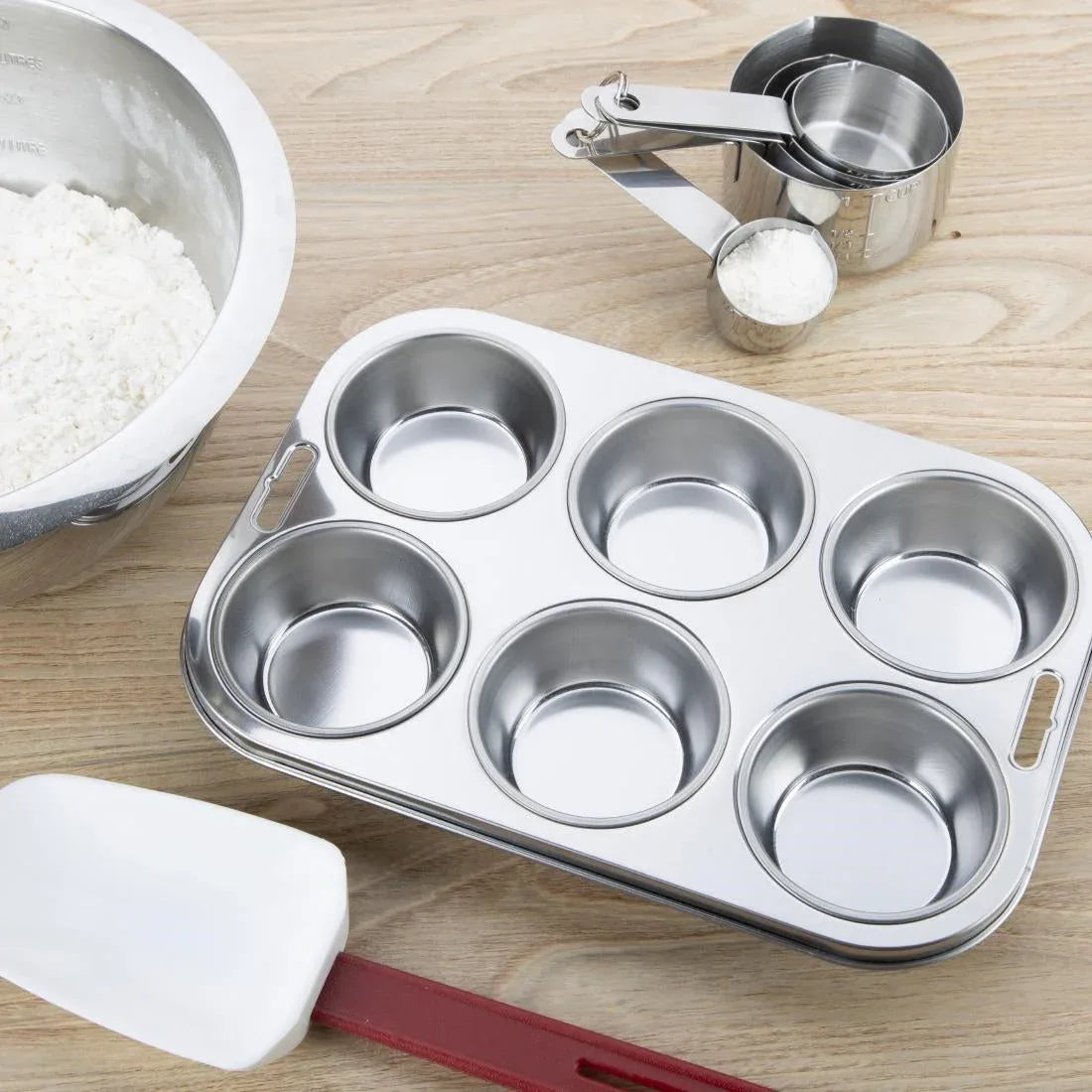 E714 Vogue Stainless Steel Deep Muffin Tray 6 Cup - JD Catering Equipment Solutions Ltd
