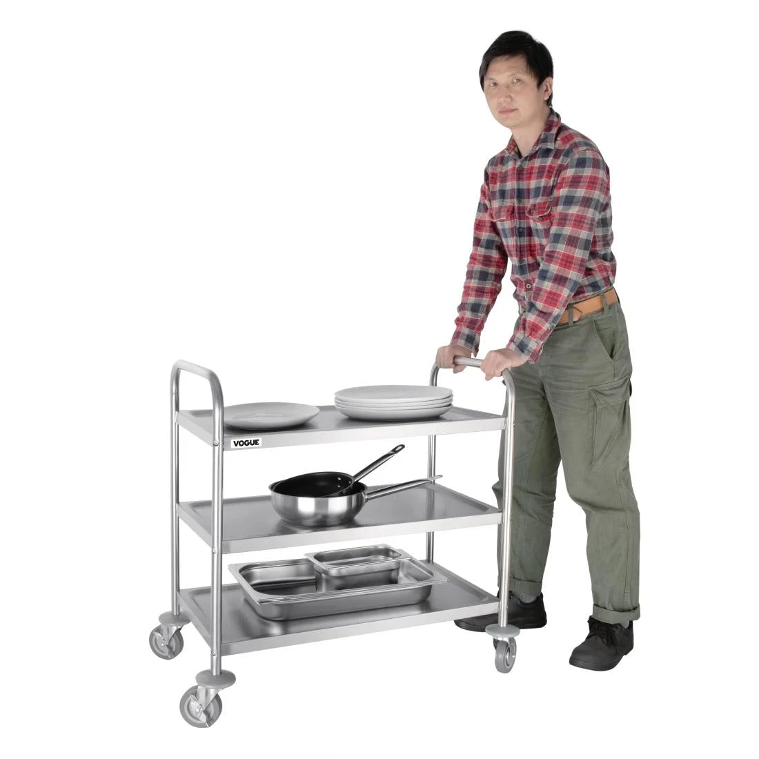 F994 Vogue Stainless Steel 3 Tier Clearing Trolley Medium JD Catering Equipment Solutions Ltd