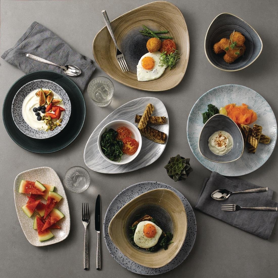 FA665 Churchill Stonecast Aqueous Triangular Plates Bayou Taupe 311mm (Pack of 6) JD Catering Equipment Solutions Ltd