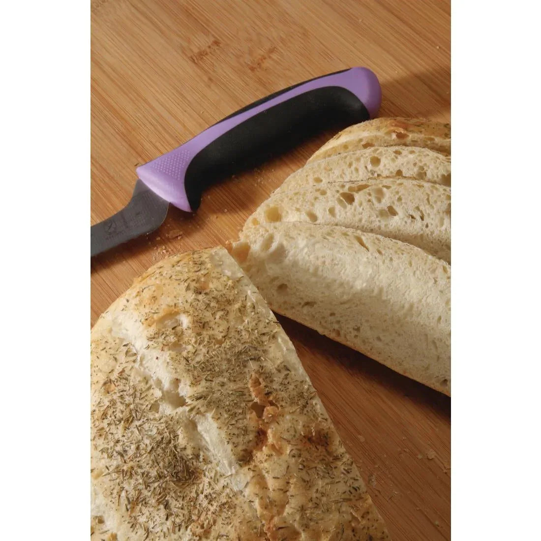 FB504 Mercer Millennia Culinary Allergen Safety Offset Serrated Bread Knife 20cm - JD Catering Equipment Solutions Ltd