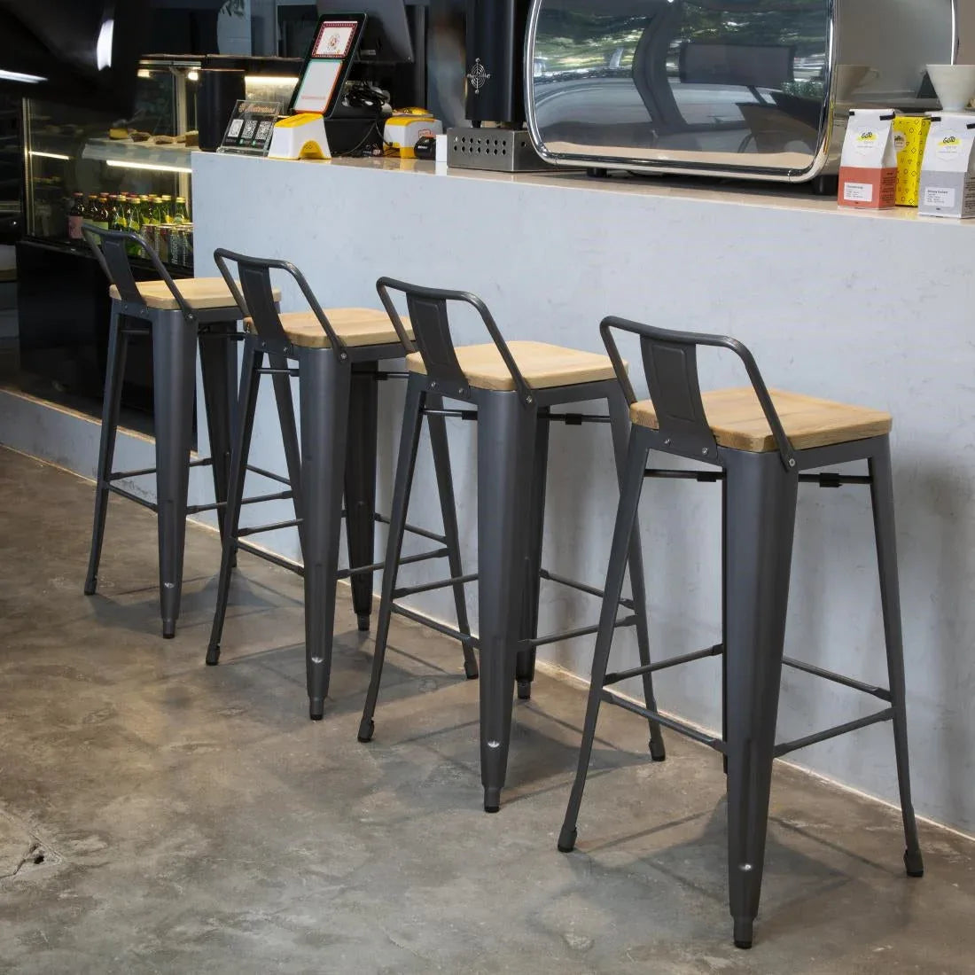 FB624 Bolero Bistro Backrest High Stools with Wooden Seat Pad Gun Metal (Pack of 4) - JD Catering Equipment Solutions Ltd