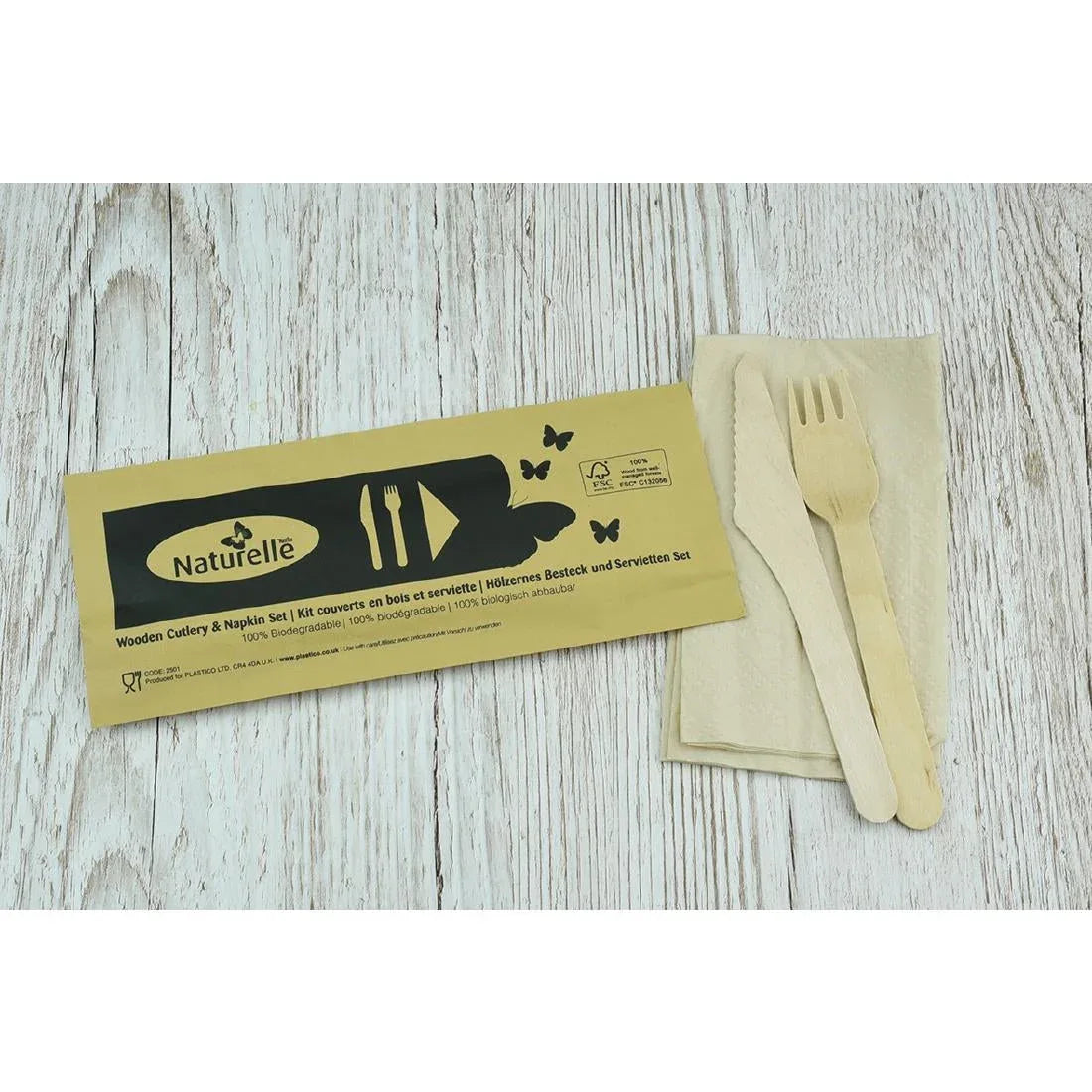 FS167 eGreen Individually Wrapped 3-in-1 Wooden Cutlery Set (Pack of 250) - JD Catering Equipment Solutions Ltd