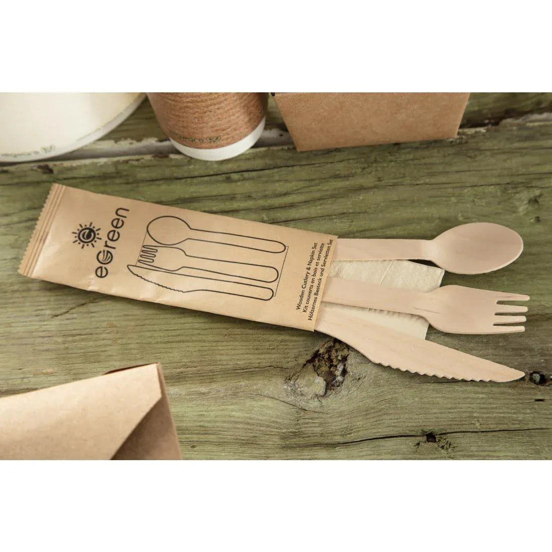 FS168 eGreen Individually Kraft Wrapped 4-in-1 Wooden Cutlery Set (Pack of 250) - JD Catering Equipment Solutions Ltd