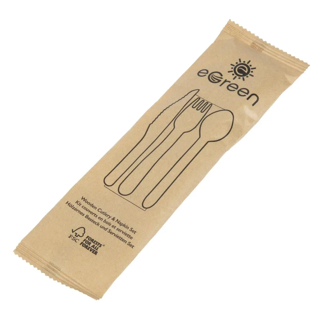 FS168 eGreen Individually Kraft Wrapped 4-in-1 Wooden Cutlery Set (Pack of 250) - JD Catering Equipment Solutions Ltd